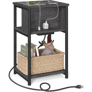Side Table with Charging Station, 3-Tier End Table with USB Ports and Outlets, Nightstand for Living Room, Bedroom, 11.8 x 13.4 x 22.8 Inches, Plug-in Series, Misty Gray and Black