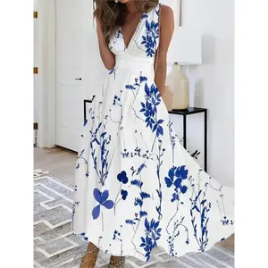 Summer Maxi Long Dress for Women Elegant Robe Femme V-Neck Wist Sleeveless Casual Bohemia Sexy Swing Dress Womenswear Comfort
