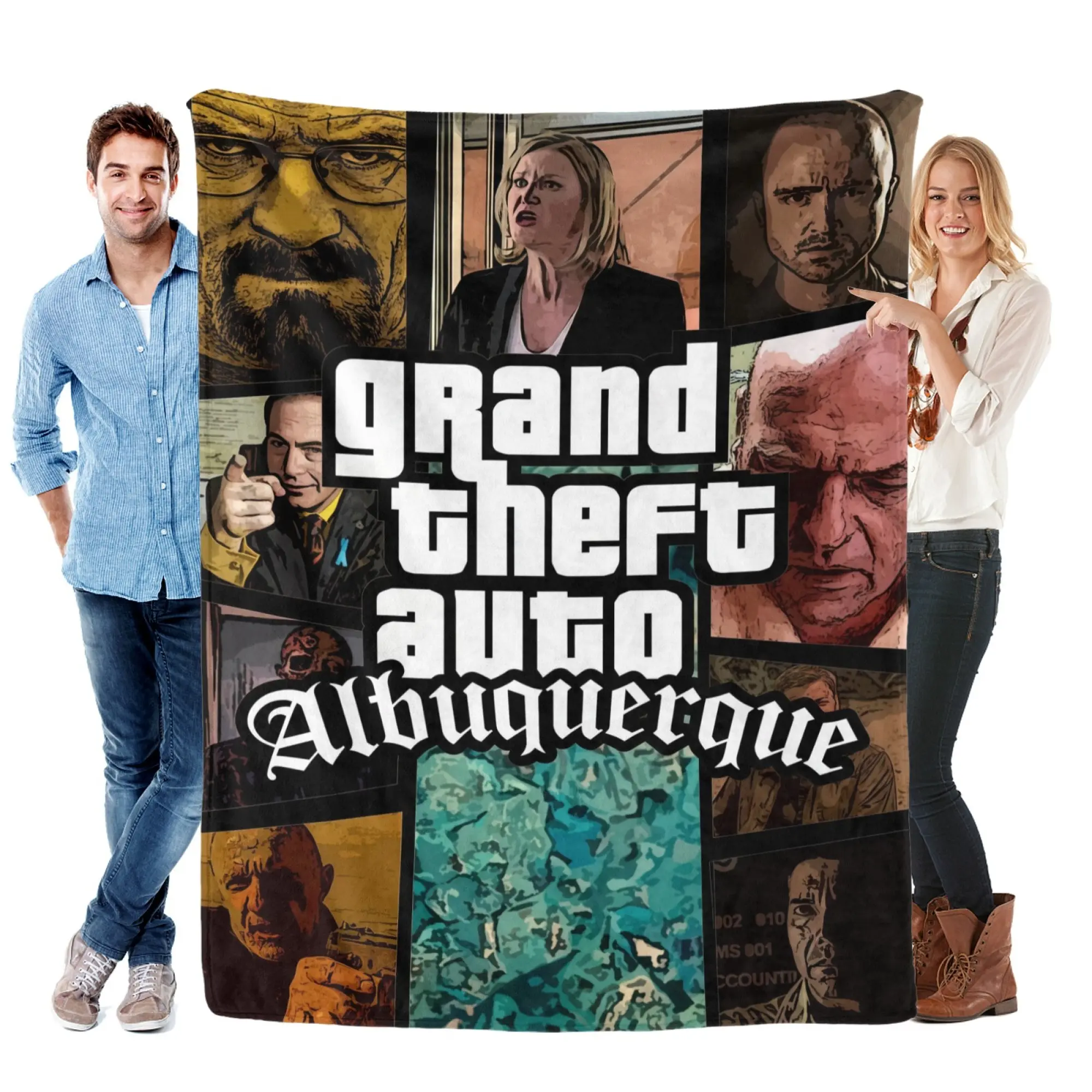 Grand Theft Auto Albuquerque Breaking Bad Character Collage Flannel Fleece Throw Blanket, Vintage Comic Style Walter White Jesse Pinkman Print Soft Warm Plush Cover, Cool Sofa Bed Decor Gift for Breaking Bad Fans & Crime Drama Series Enthusiasts