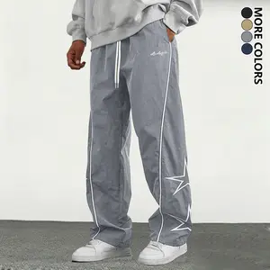Men's Fashion Casual Pants, Street Retro Star Embroidered Straight-Leg Pants, Polyester Fabric, All-Season Versatile Trendy Hip-Hop Track Pants