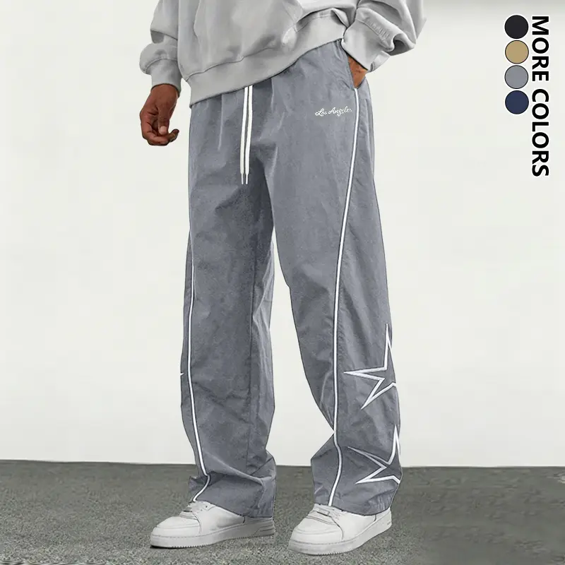 Men's Fashion Casual Pants, Street Retro Star Embroidered Straight-Leg Pants, Polyester Fabric, All-Season Versatile Trendy Hip-Hop Track Pants