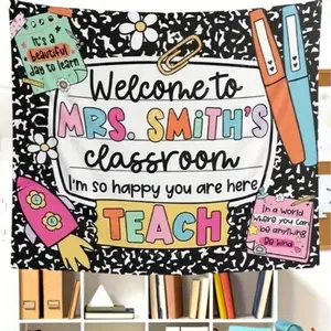 1 Vibrant Classroom Welcome Tapestry - Teacher And Student Theme, Durable Polyester, No Power Required, Landscape Layout - Great for First Day Of School Decorations, Classroom Decorations, Not Customizable