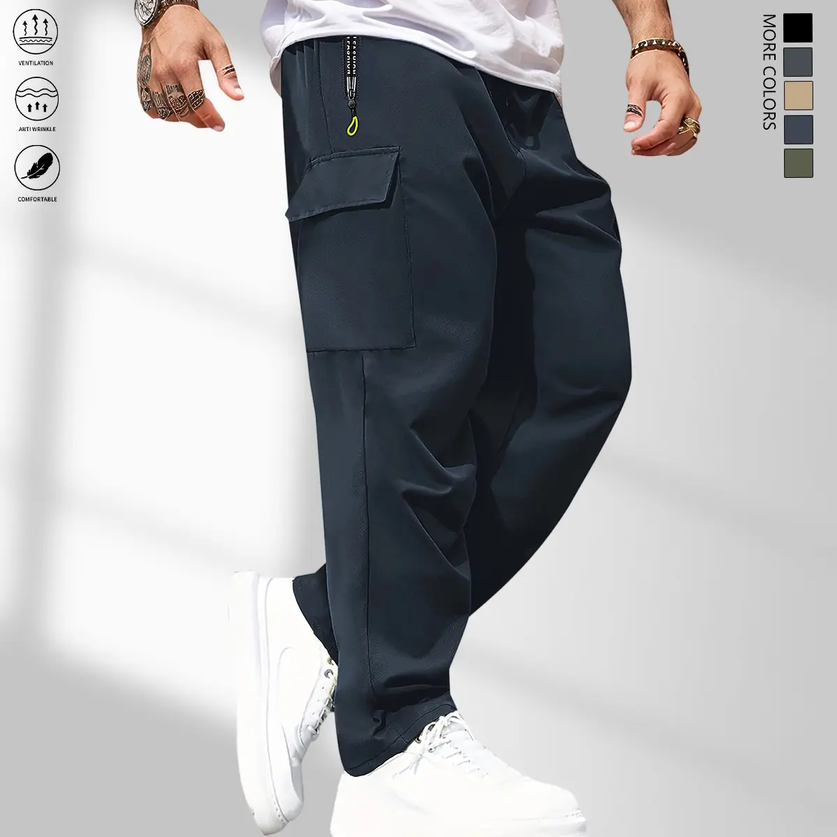 Men's Plain Casual Drawstring Cargo Pockets Pants - Elastic-Waisted, Wear-Resistant, for Casual Sport, Outdoor Tactical Activities, Hiking (Menswear Bottoms), Drawstring Cargo Pockets Men's Pants, Elastic-Waisted Men's Pants