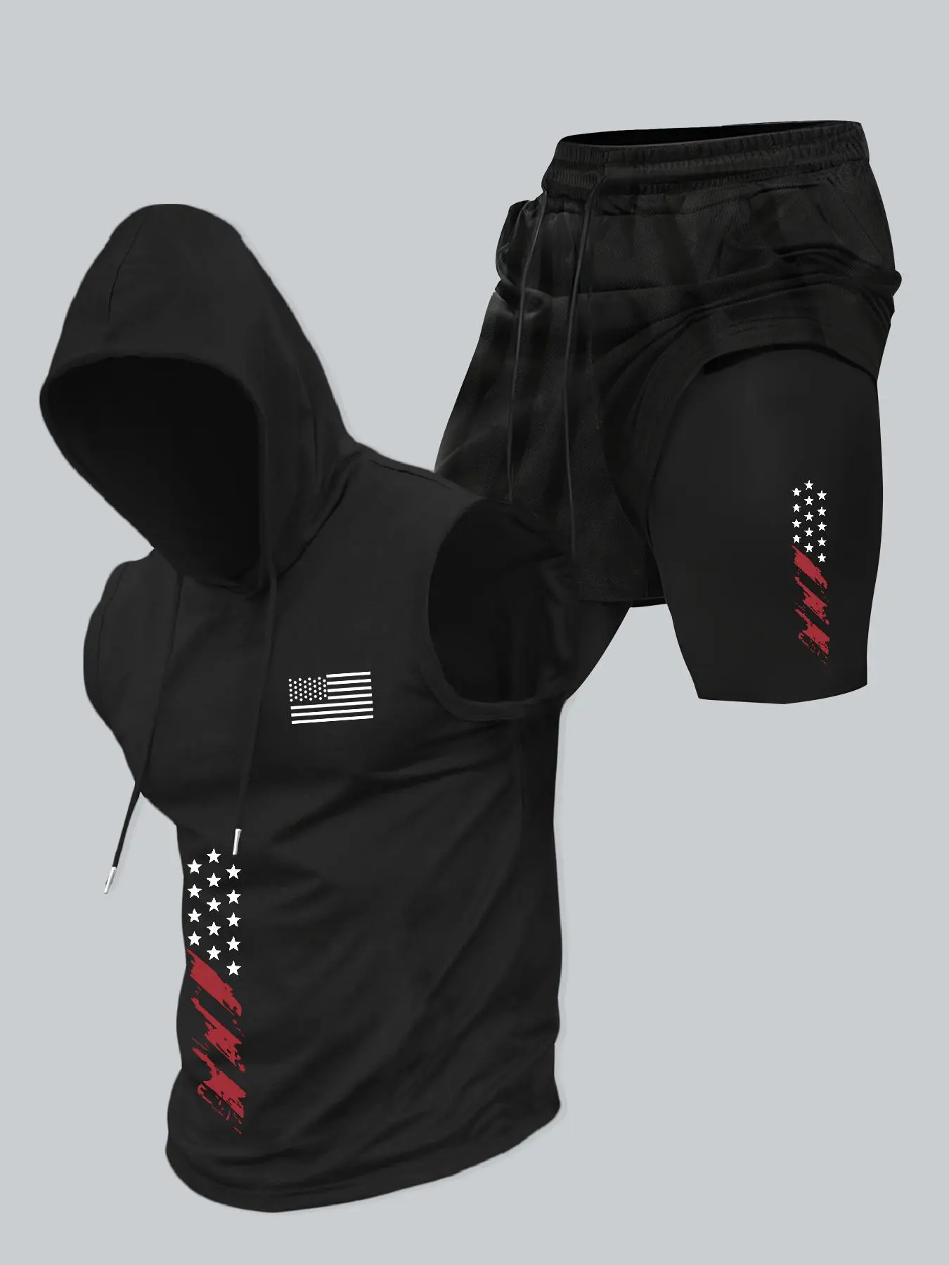 Two-Piece Set Men's Flag Print Hooded Tank Top & Shorts Set, Regular Fit Sleeveless Top & Shorts, Men's Summer Clothes for Daily Wear, Casual Sports Style, Gym Casual Wear, Active Sportswear