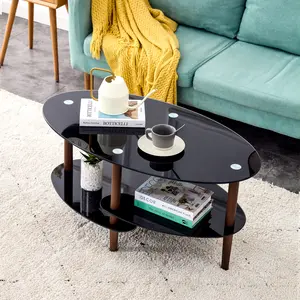 Oval Shaped Glass Coffee Table for Office, 3-Tier Modern Coffee Table, Modern Tempered Glass Tea Table, End Table for Home Living Room (Black)