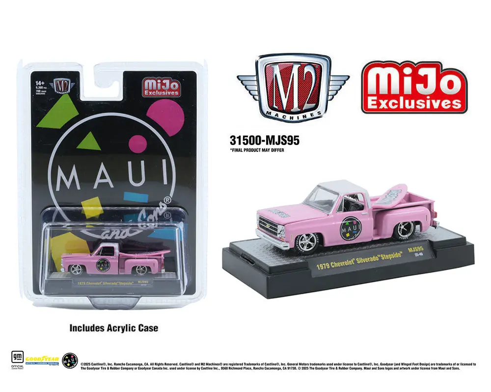 M2 Machines 1:64 1979 Chevrolet Silverado Stepside with Surfboard – Pink – MiJo Exclusives Limited Edition