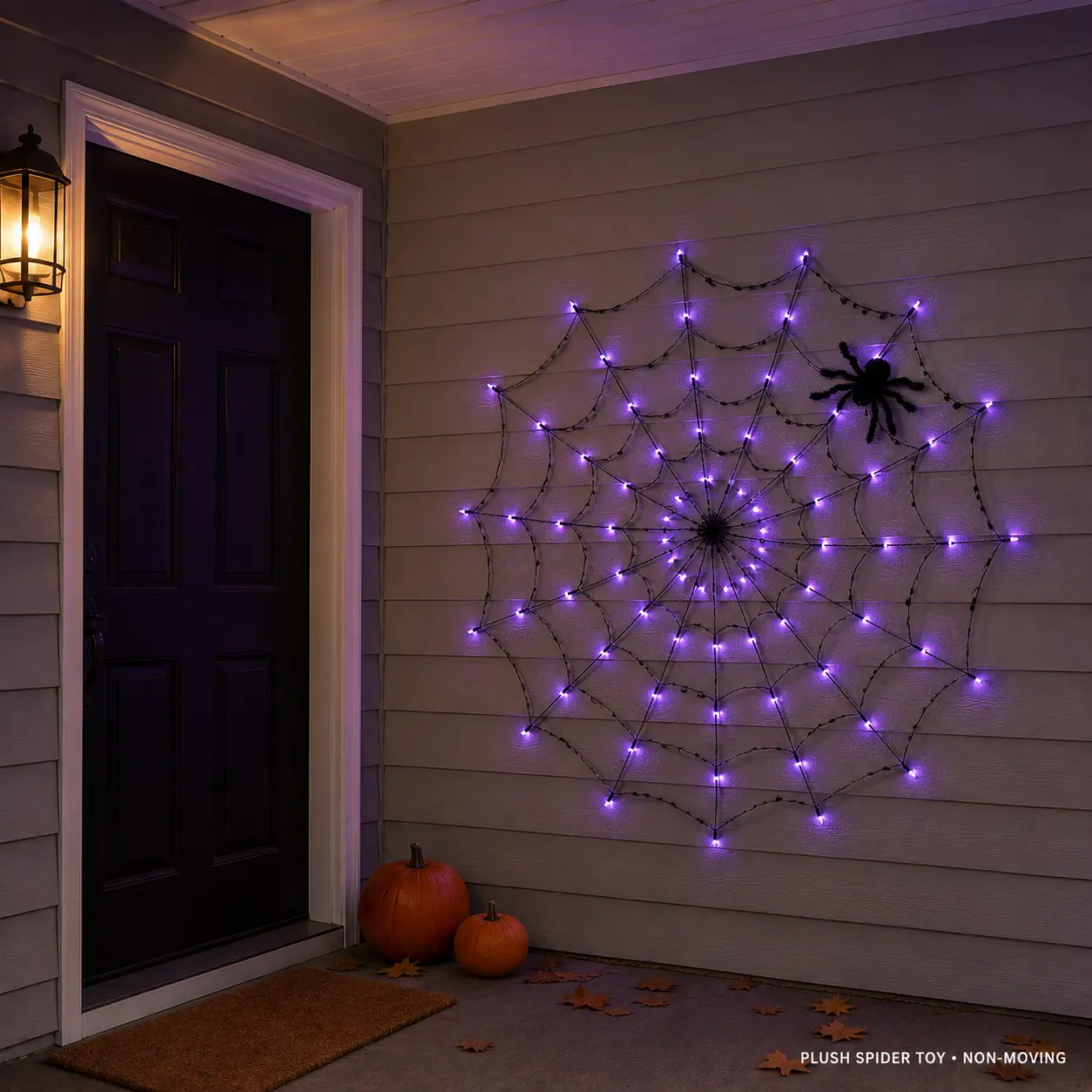 2026 New Halloween Purple LED Spider Web Lights, 1.2M 70 LED Hanging Web with 30CM Plush Spider, Remote Control, 8 Lighting Modes, Battery Powered Porch Party Decor