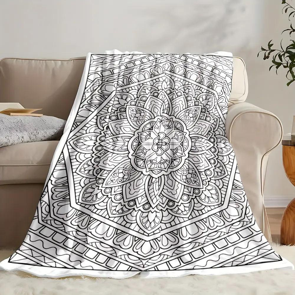 Mandala Coloring Book Style Blanket, Soft Flannel Throw Blanket with Black White Boho Floral Geometric Print, Cozy Gift for Women Girls Teens and Art Lovers, Aesthetic Room Decor for Bed Couch Sofa Dorm, Lightweight Warm Blanket for Movie Night