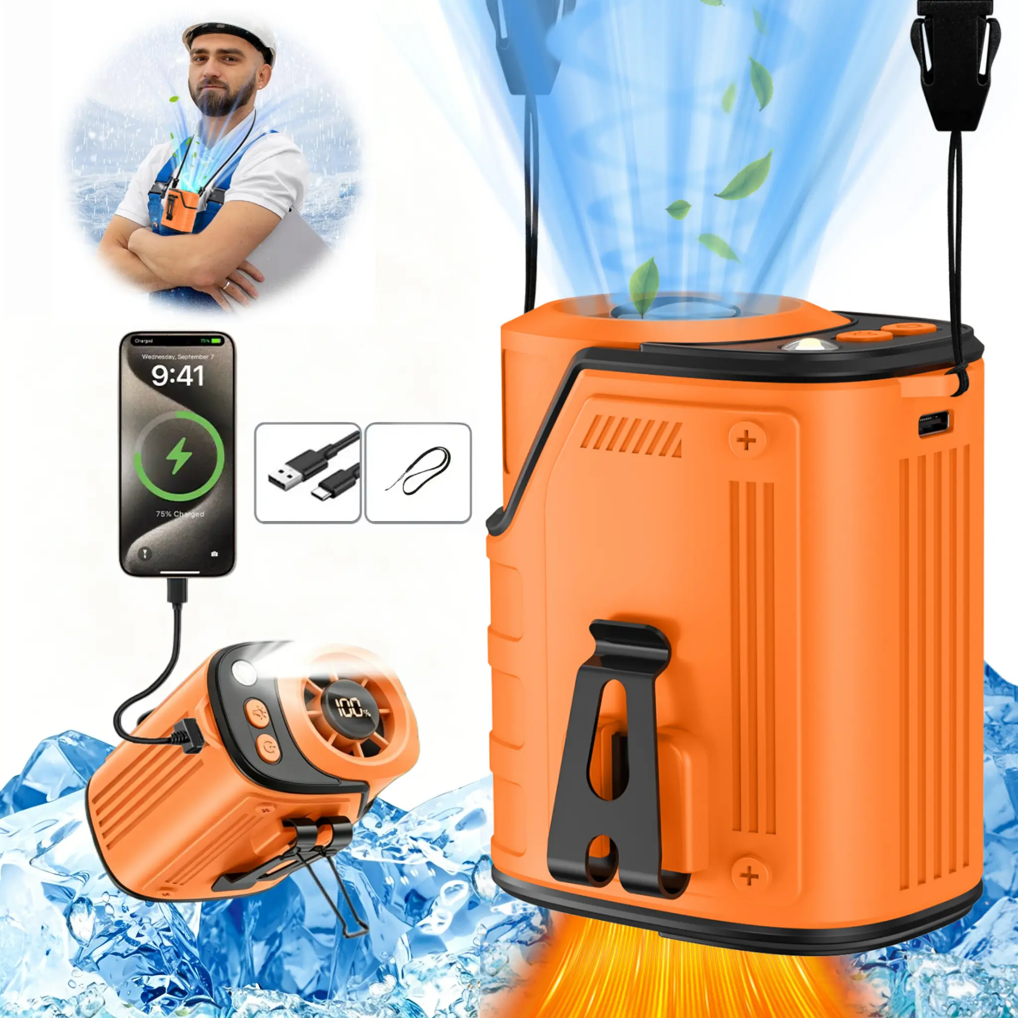 W&O Personal Portable Waist Clip Fan,Rechargeable 5000mAh Battery Power bank,4 Speeds Strong Airflow,LED Light,up to 25H of Working Time,Hands-Free Hanging Neck Fan,Wearable Belt Fan for Camping,Outdoor,Jobsite,Farms,Fishing #SummerWins #DealsForYouDays