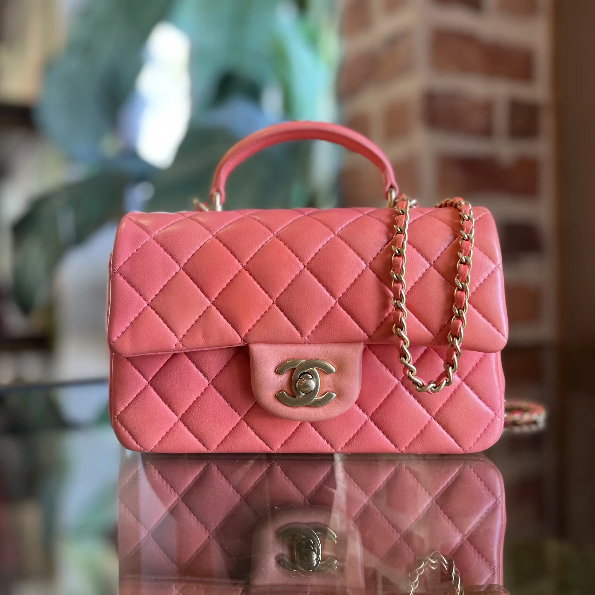 Pre-owned CHANEL leather Crossbody Bags Rectangular Mini Flap Pink Orange Lambskin Top Handle