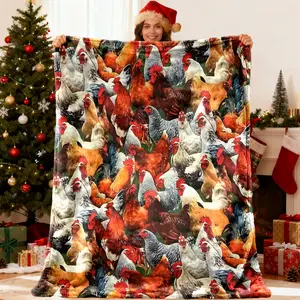 Vintage Farmhouse Style Multicolor Chicken Pattern Blanket, Poultry Theme Home Decor, Pet Chicken Lover Shawl, Multi-Purpose Soft Cover, Christmas Edition, Flannel Fleece Blanket, Decorative Giftable Blankets