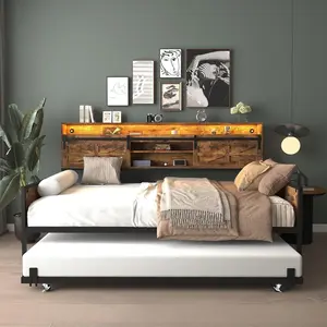 Twin Trundle Bed with Storage & Charging Station – Height-Adjustable Daybed with Pop-Up Trundle, LED Lights & Sliding Barn-Door Headboard, Convertible Sofa Bed for Bedroom/Living Room, Rustic Brown