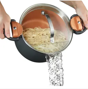 5 Qt Nonstick Ceramic Kitchen Stock Pot, Multipurpose Pasta Pot with Strainer Lid, Twist-and-Lock Handles, Tempered Glass Lid, Effortless Cleanup, Dishwasher Safe