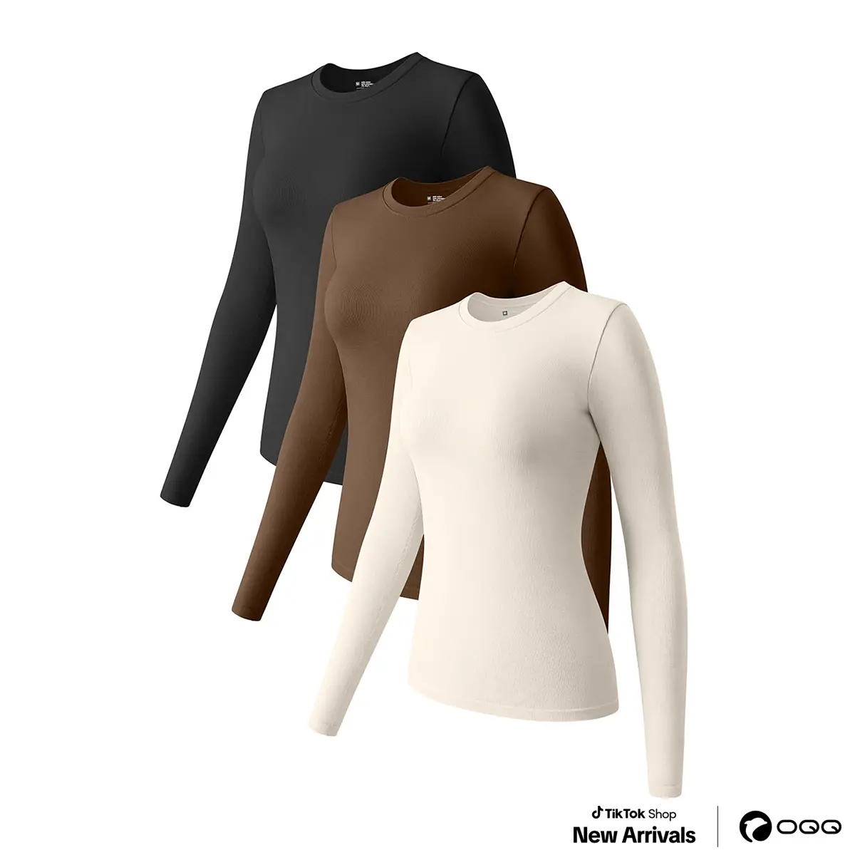 OQQ Women's 3 Piece Long Sleeve Tops Crew Neck Stretch Fitted Underwear Layer Tee Shirts Floral Plain Casual - Polyester, Womenswear Comfort Nylon