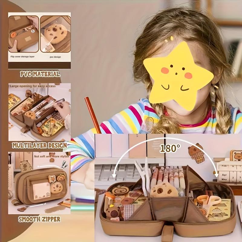 3-Piece Volcano Large Capacity Pencil Case Set, Includes Pencil Case, Doll, Stickers, Perfect for School Supplies & Christmas Gifts