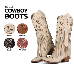 Cowboy Boots For Women Knee High Fringe Pointed Toe Chunky Block Heel Embroidery Design Pull On Summer Stylish Retro Chic Vintage Casual Outings Shopping Date Party Travel Concert Walking Shoes Western Cowgirl Boot