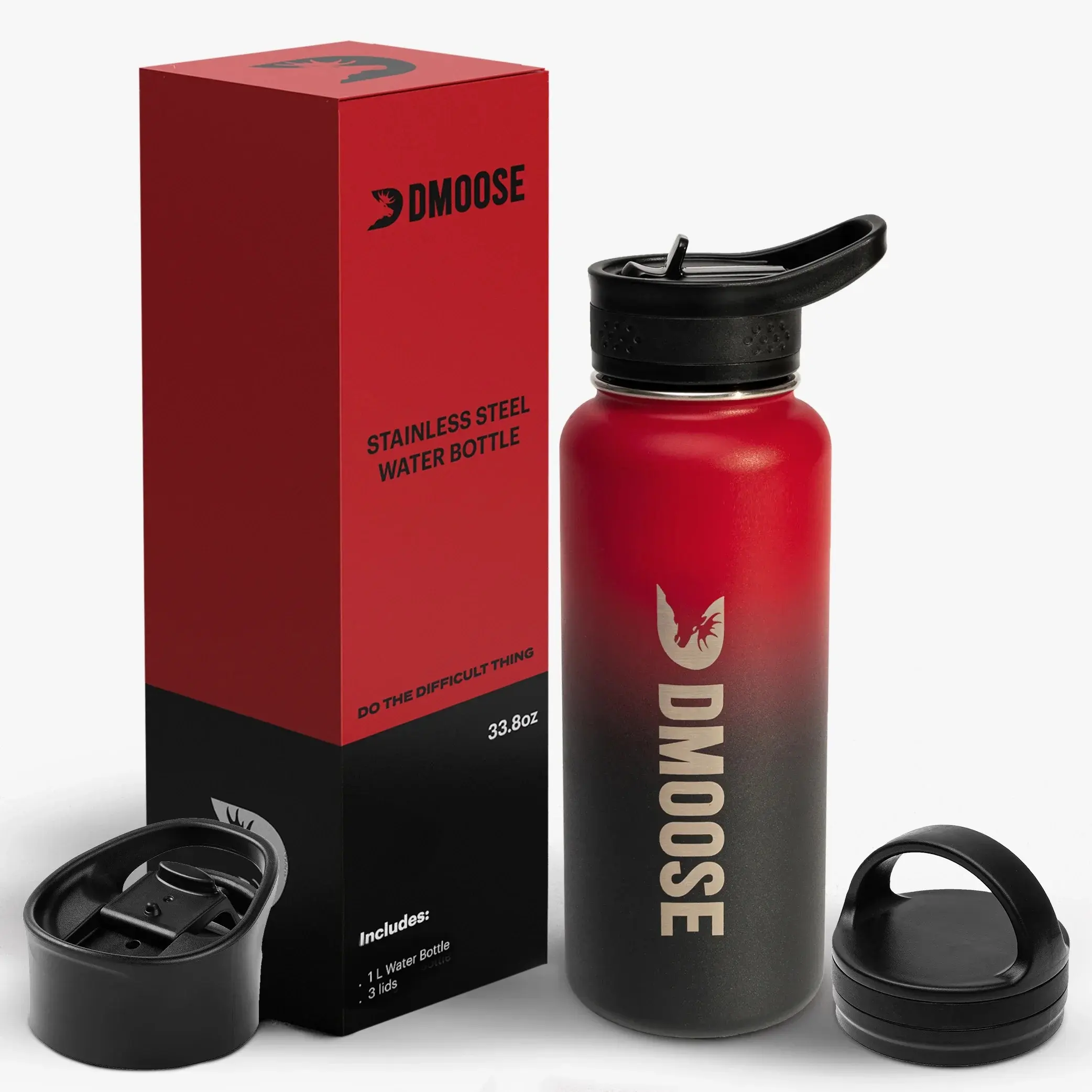 DMoose Fitness Insulated Water Bottle, 34 oz Sleek Stainless Steel Beverage Flask with 3 Lids, Leak-Proof for Portable Use