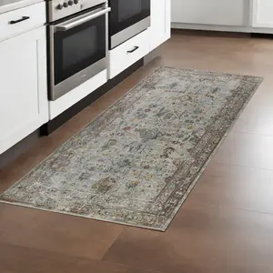 HomeRoots 8 ft. Medallion Machine-Made Polyester Runner Area Rug - Gray, Rust & Brown - Model 570834, Polyester Rug