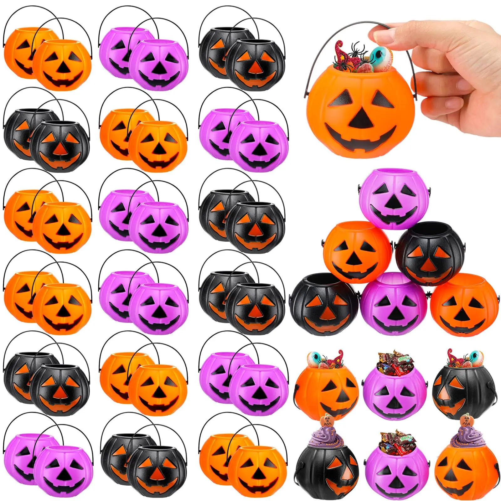 50Pcs Halloween Candy Bucket Halloween goodie Bags Pumpkin Bucket Plastic Candy Gift Bags Pumpkin Candy Bags Trick or Treat Bags for Teacher Students Office Employee Coworker,Halloween Birthday Party Favor Supplies