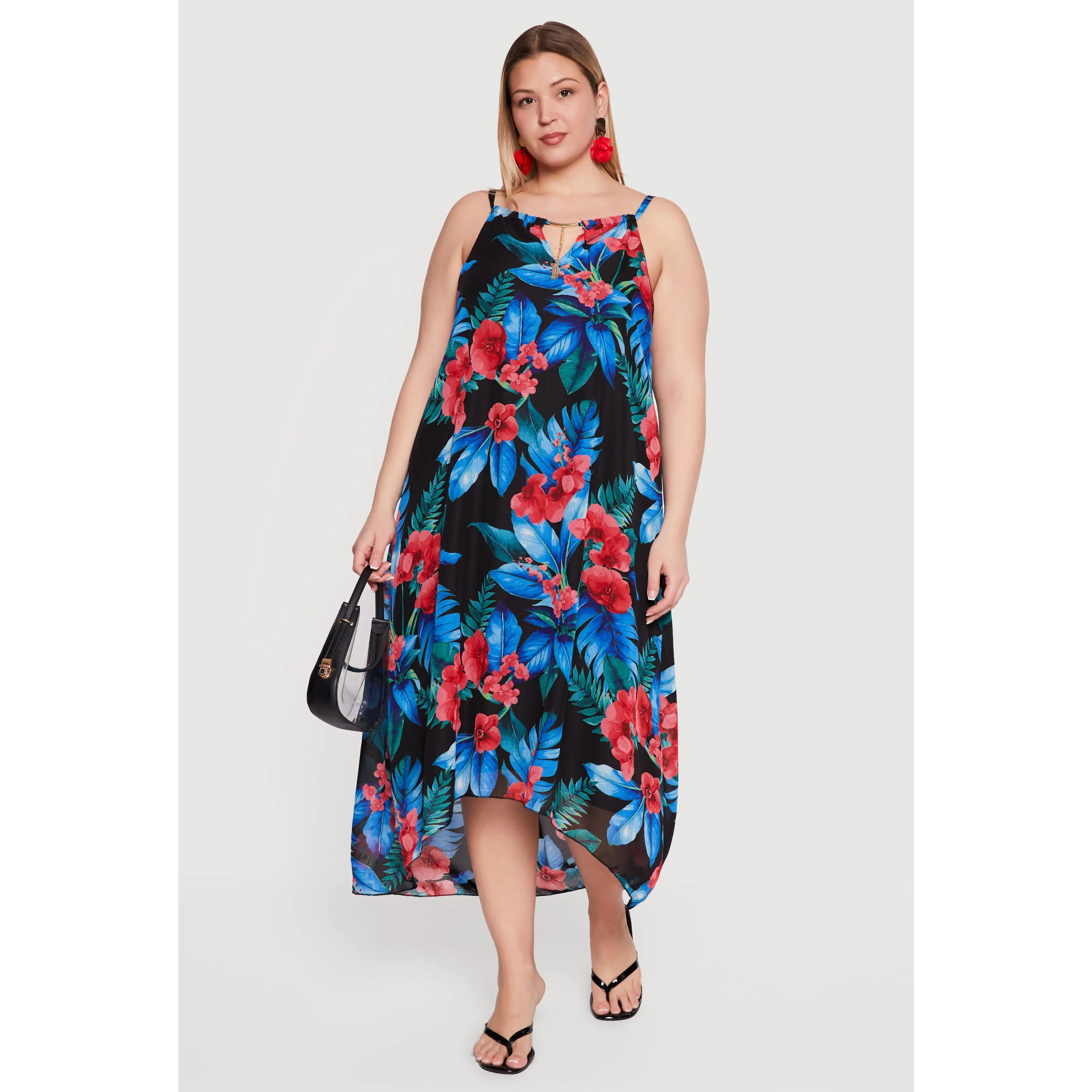 Plus Size Tropical Floral Print Sharkbite Hem Dress