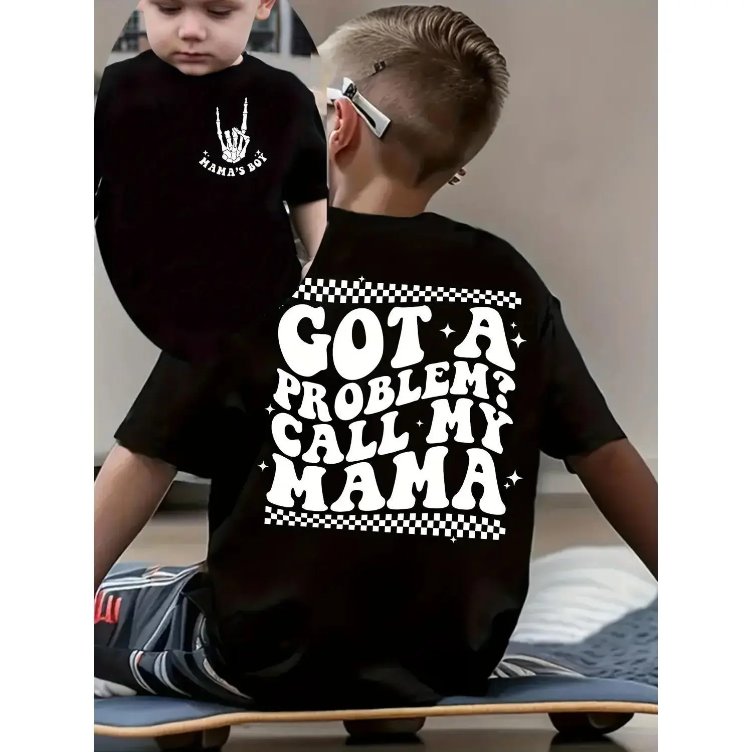 "Toddler Graphic T-Shirt - 'Got A Problem? Call My Mama' Checkerboard Skeleton Hand, Back to School Haul, Affordable Fashion, Cartoons, Perfect Fit Boys' Summer Top"