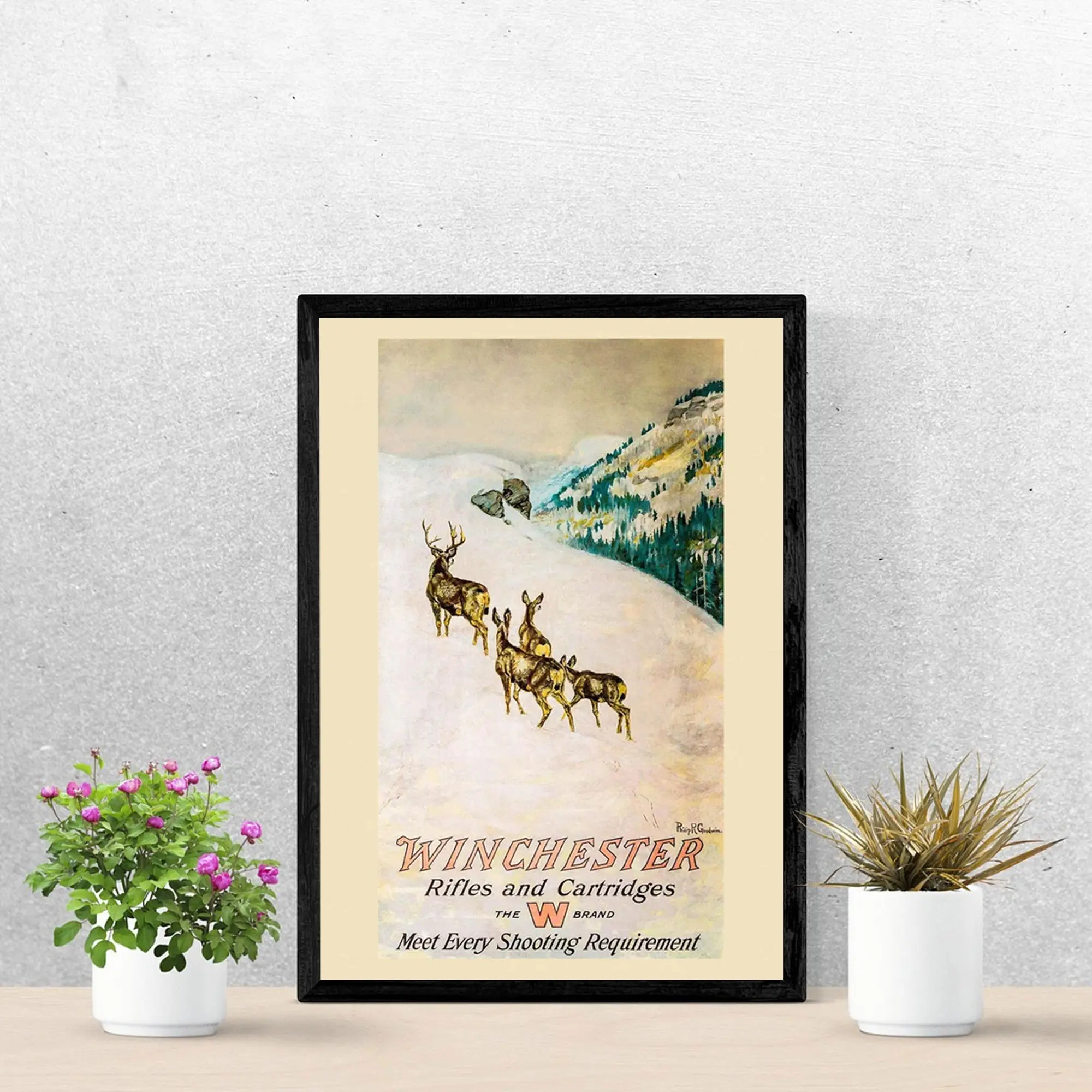 Winchester Rifles Deer Hunting Vintage Poster, Retro Winter Snow Landscape Hunters Wall Art Print, Rustic Cabin & Country House Decor