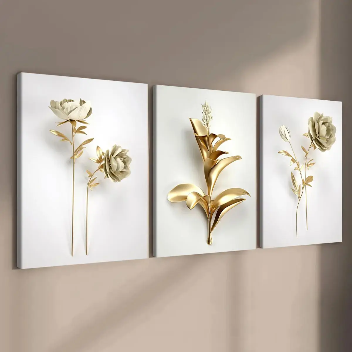 3 Panels Wooden Framed Canvas Wall Art, Modern Gold Flower Green Leaf Plant Canvas Prints, Minimalist Botanical Pattern Framed Paintings, Ready To Hang Wall Decor for Living Room Bedroom Office Home Decoration Artwork