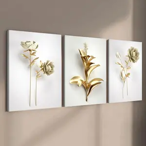 Wooden Framed Canvas Painting, 3 Counts/set Modern Art Gold Flower Pattern Wall Art, Wall Decor for Home Living Room Bedroom Office Artwork
