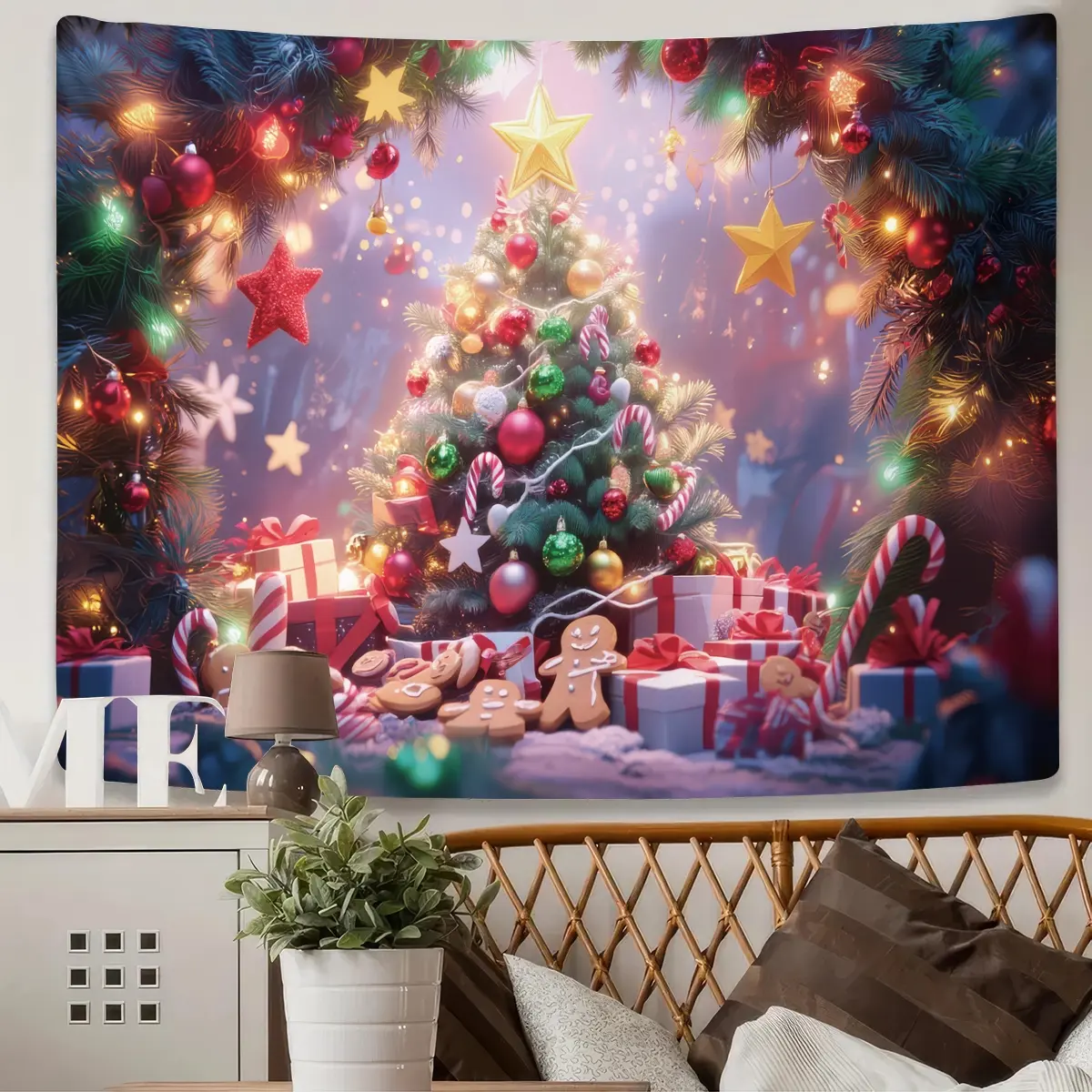 1pc Merry Christmas Lantern Christmas Tree Gingerbread Man Gift Box Printed Craft Bedroom Aesthetic Tapestry Suitable for bedroom living room office holiday party background wall decoration, including installation accessories