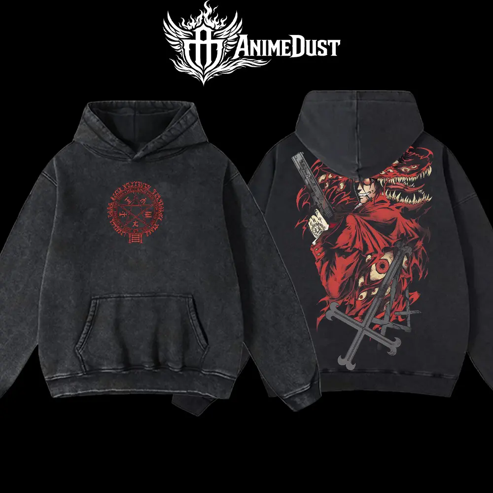 Alucard Hellsing Acid Wash Shirt, Oversized Washed Cotton Anime Tee With Red Vampire Gunslinger Back Graphic, Manga Streetwear Gift For Fans