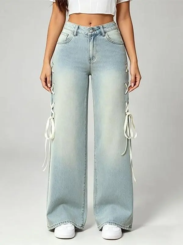 Women's Y2K High-Waisted Wide-Leg Cotton-Polyester Solid Jeans - Light Faded Vintage Blue Wash, Side Ribbon Lace-Up Tie Straps, Functional Pockets, Relaxed Fit Casual Coquette Streetwear Bottom for Festival & Daily Wear bootcut jeans baggy jeans