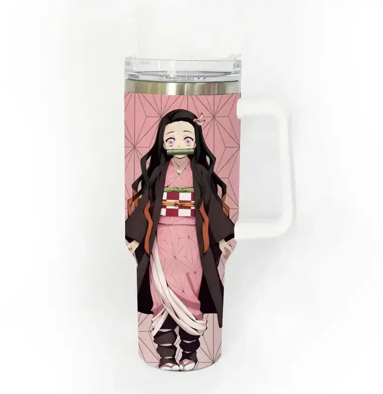 [Anime Demon Style] Nezuko Inspired Tumbler 40oz With Handle, Pink Demon Girl Artwork Stainless Steel Insulated Travel Cup, Anime Pattern Drinkware Gift For Fans