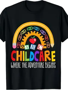 Women'S & Men'S Childcare Worker T-Shirt - Early Childhood Education Apparel with Rainbow, Hearts, Stars - Black Background - Round Neck Short Sleeve Tee for Daycare Teachers, Directors, - All-Season Comfort - Professional Development Gift Idea, Playful D