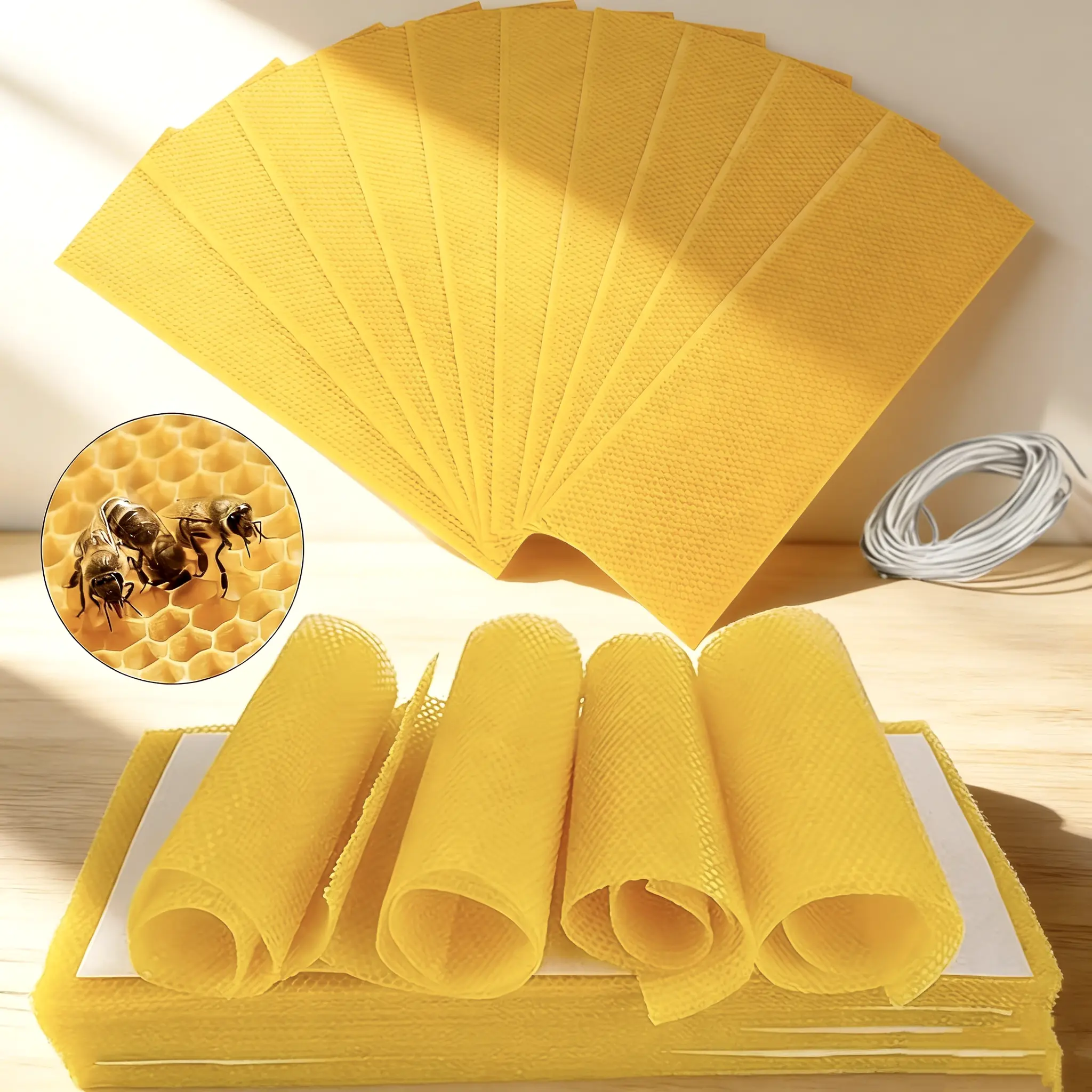20 Pcs Natural Beeswax Sheets, 20x10cm Honeycomb Beeswax Foundation Sheets with 400cm Cotton Wick, for DIY Candle Making, Beeswax Crafts, Candle Making Kit Supplies & Home Decor Projects
