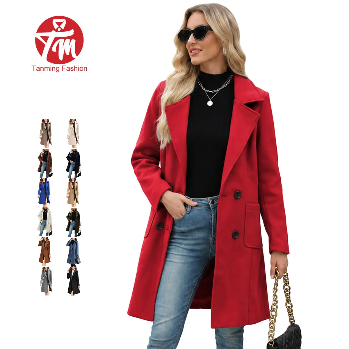 Tanming Women Winter Wool Blend Camel Mid-Long Coat Notch Double-Breasted Lapel Jacket Outwear Womenswear Fitted,summerwins