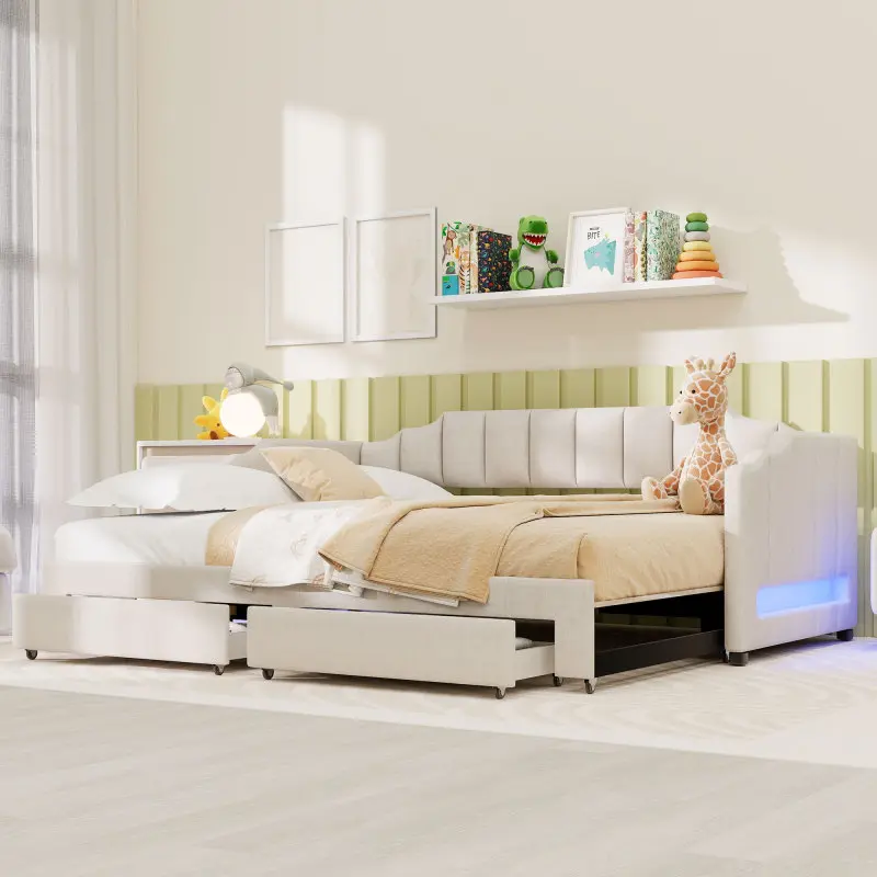 Twin XL Size Extendable Upholstered Daybed with Two Storage Drawers and LED Light,Twin XL to King Daybed,Beige