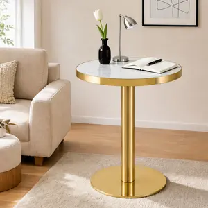 ARCH 23.6" Round Coffee Table with White Marble Texture MDF Top, Gold Stainless Steel Edge, Metal Pedestal Base, Modern Light Luxury Accent Table for Living Room, Bedroom, Office, Multiple Color Options, Black/Black+Gold/Blue/Gold Color Options
