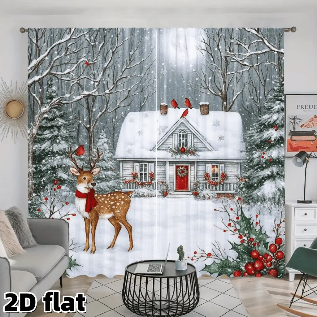 2D Flat 2Pcs Winter Snow Scene Curtains, Christmas Cabin Cardinal Birds Deer Pattern, Blackout Thermal Window Drapes, Holiday Festival Treatment for Living Room Bedroom Home Decor, Rod Pocket Style Curtain, Thermal Insulated Curtain