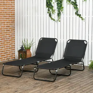 black two piece folding chaise lounge set five level reclining back footrest for poolside sun tanning relaxation