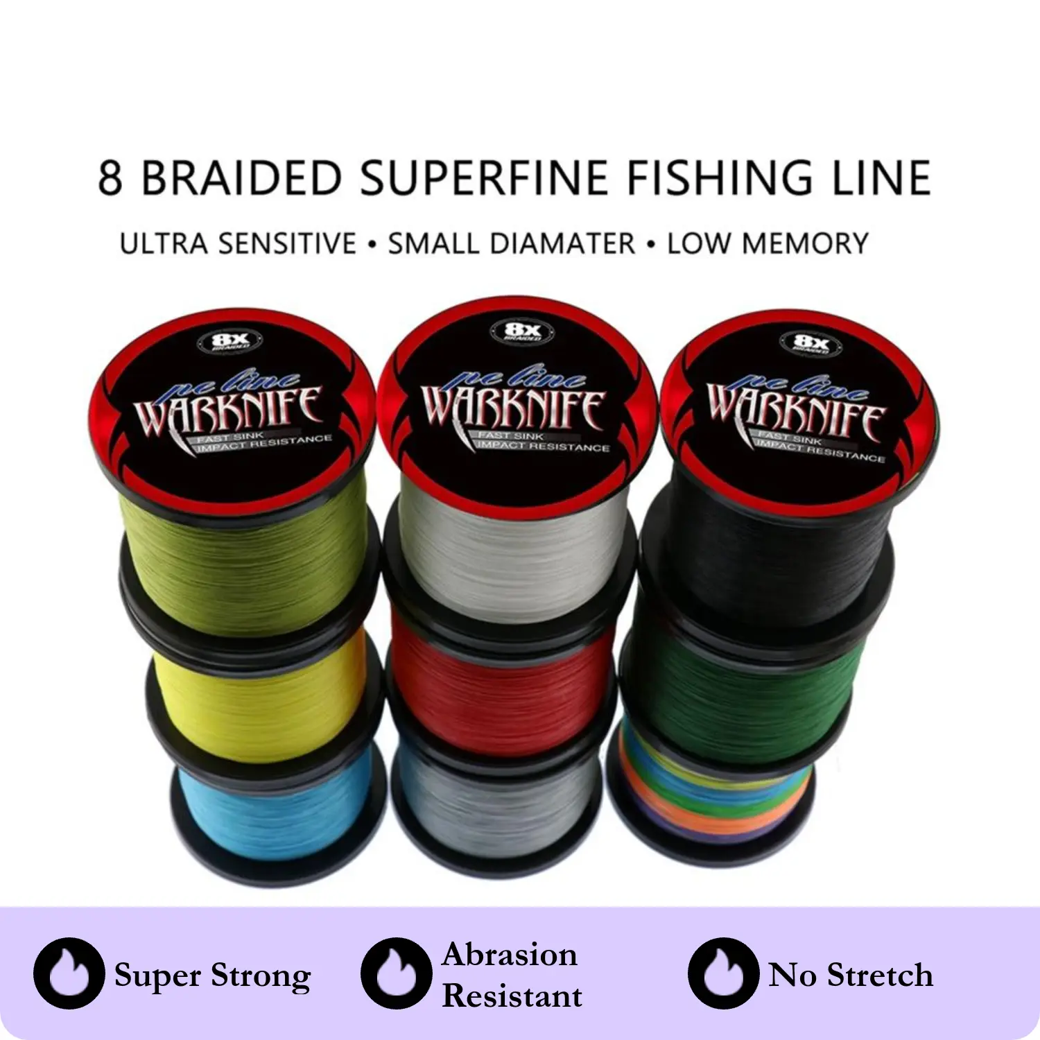 Warknife Braid Braided Fishing Line -Super Strong - Abrasion Resistant - No Stretch -Blue Camo, Moss Camo,Green, Gray, 4 Strand 8 Strand