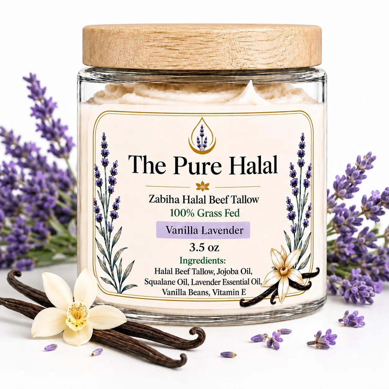Halal Beef Tallow Balm, 3.5 Oz, Vanilla Lavender, 100% Grass Fed, Zabiha Halal - HMS Certified- With Jojoba Oil, Squalane, Vitamin E, 3.5 Oz