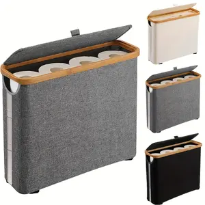 Bamboo Toilet Paper Storage Basket with Lid  Large Capacity Holds 9 Rolls, Stylish Bathroom Organizer with Wooden Slats and Metal Frame, Gray Fabric-Like Exterior, Perfect for Modern Bathrooms, Multipurpose Basket | Natural Aesthetic | Fabr