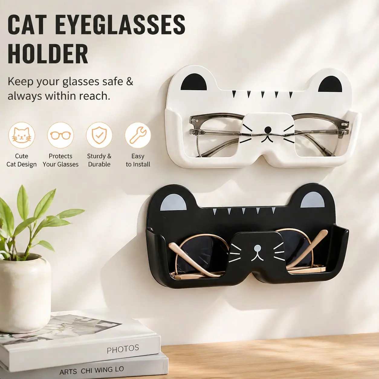 Wall-Mounted Eyeglass Organizer, Cute Cat Design, Decor, Suitable for Bedroom, Bathroom, Living Room, Kitchen, Includes Shelf, Easy to Install, Protects Your Glasses, Eyeglass Holder, Glasses Storage