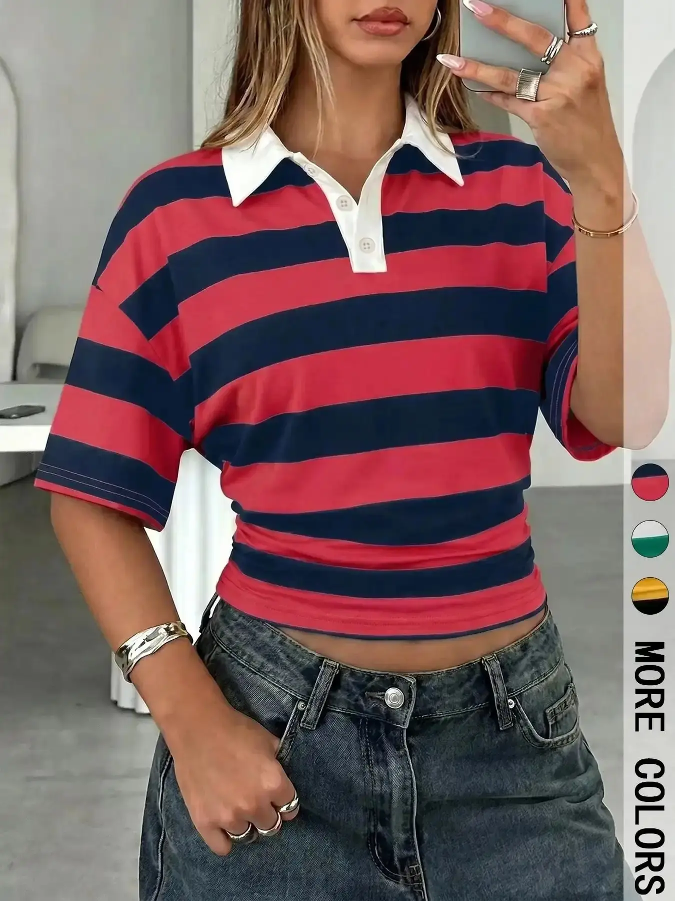 Chic 1 Striped Cropped Buttoned Polo Shirt | Short Sleeve Slim Waist Top for Women | Vintage 90s Streetwear Casual | Y2K Preppy Baddie Daily Outfit, effortless layering, chic everyday, refined casual
