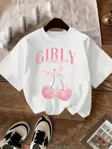 Summer Casual Round-neck T-shirt with Cherry Print, Regular Fit Short-sleeved Top, Suitable for Teenagers, for Girls