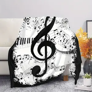 1pc Music Note Printed Blanket - Soft Flannel, Warm & Cozy for Bed, Sofa, Travel, Camping - All-Season Comfort, White with Black Musical Symbols, Music Decor