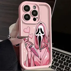 Halloween Cute Scare Horror Ghost Design for iPhone Samsung Galaxy Case iPhone 17Pro Max Air 16 15Plus 14 13 12 11 XR XS S25 S24 S23 S22 Soft TPU Bumper Drop Protection Rugged Durable Back Cover JL09 Screen Protector Casing Shockproof Protective Pink Cell
