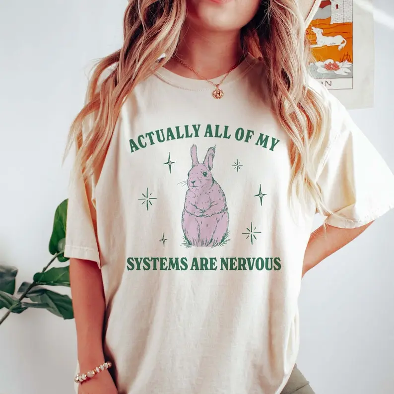 Women's Vintage Cute Coquette Funny Graphic T-Shirt - "All My Systems Are Nervous" Anxiety Meme Quote, Soft Cotton, Short Sleeves, Round Neck, Classic Crew, Body Fitted, Casual, Machine Washable All Seasons Top