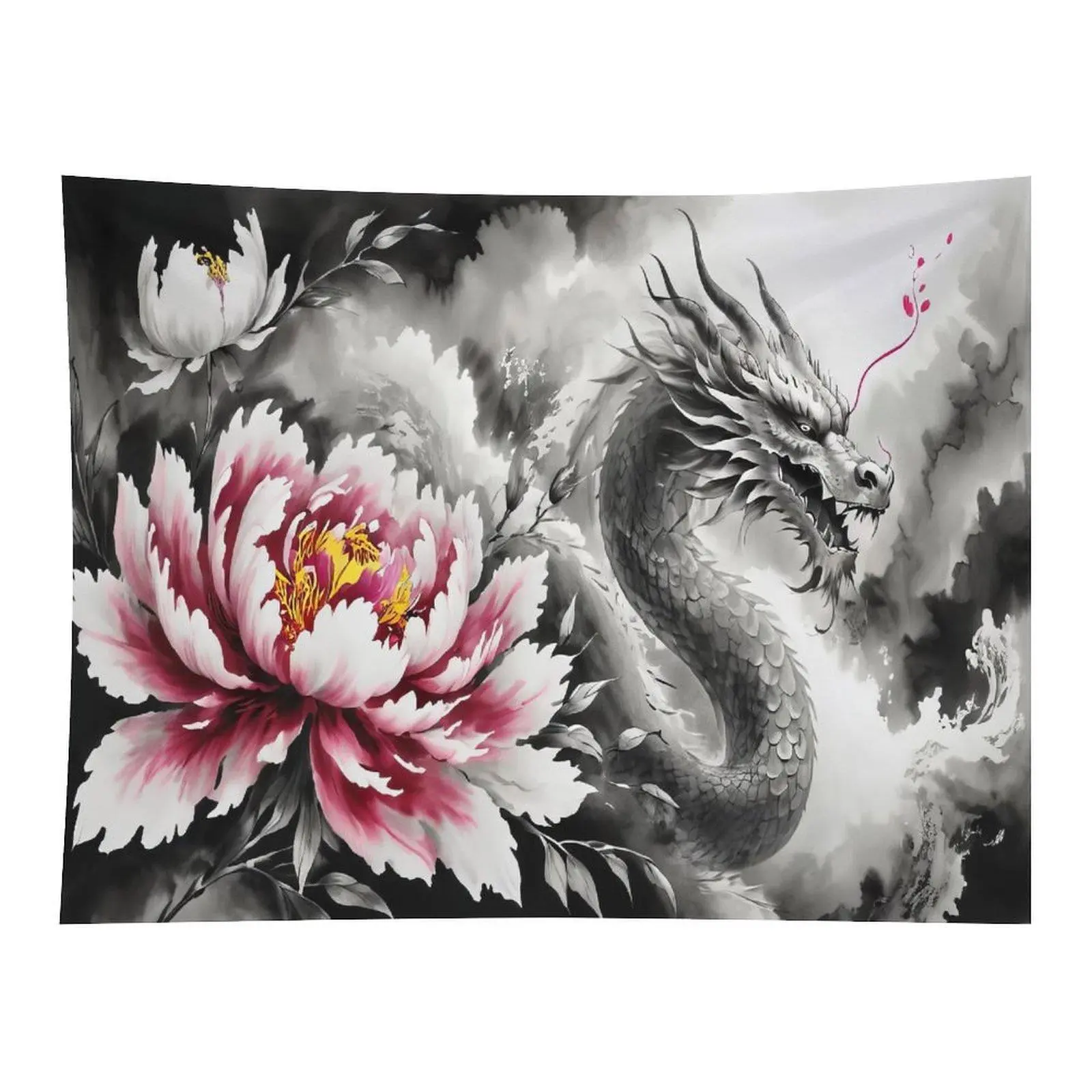 Traditional Chinese Ink Painting Dragon and Peony Flower Wall Tapestry Oriental Art Decor for Living Room Wall Ornament
