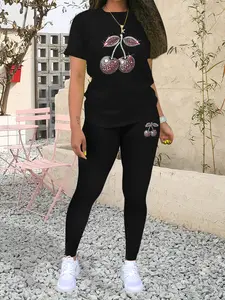 Women's Cherry Print Short Sleeve Tee & Skinny Pants Two-piece Set, Casual Fitted Round Neck T-shirt & Trousers for Daily Wear, Ladies Two-piece for All Seasons, Clothes